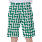 Jungle Green And White Houndstooth Print Men's Beach Shorts