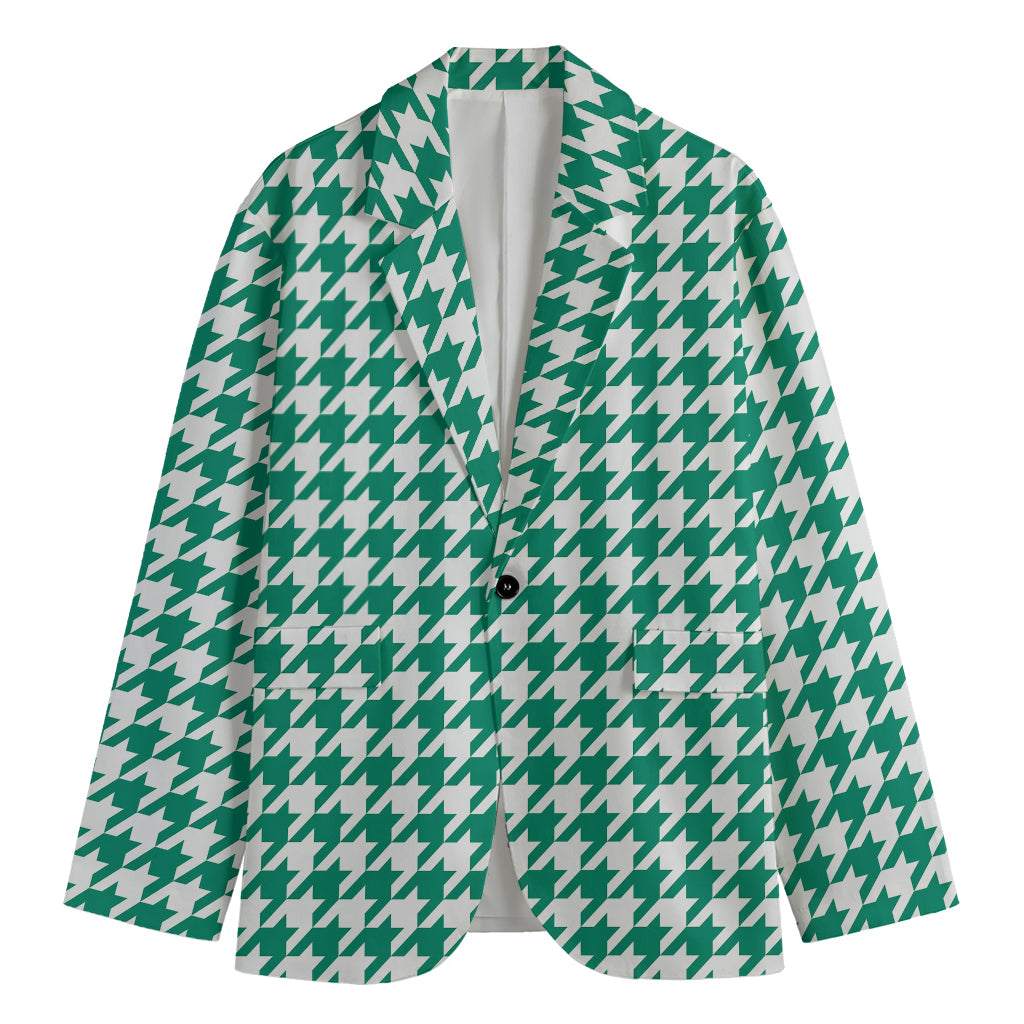 Jungle Green And White Houndstooth Print Men's Blazer