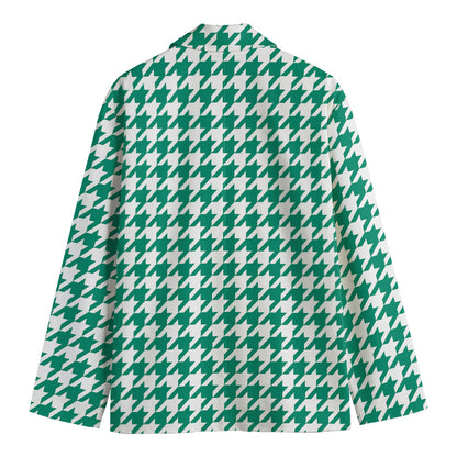 Jungle Green And White Houndstooth Print Men's Blazer