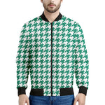 Jungle Green And White Houndstooth Print Men's Bomber Jacket