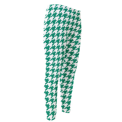 Jungle Green And White Houndstooth Print Men's Compression Pants