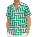 Jungle Green And White Houndstooth Print Men's Deep V-Neck Shirt