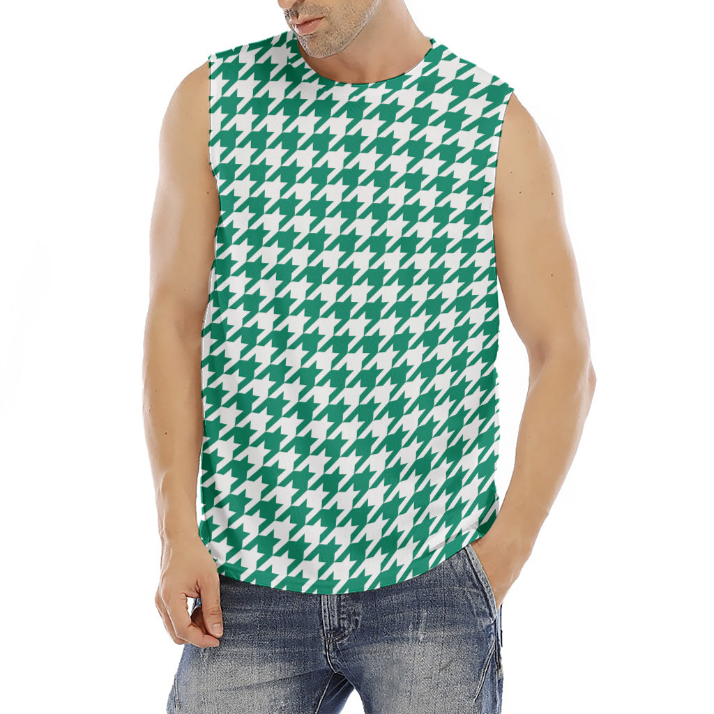 Jungle Green And White Houndstooth Print Men's Fitness Tank Top