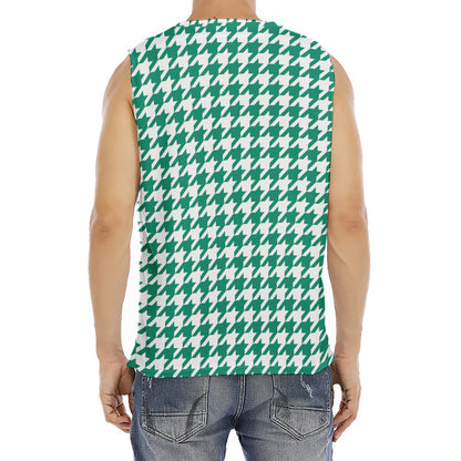 Jungle Green And White Houndstooth Print Men's Fitness Tank Top