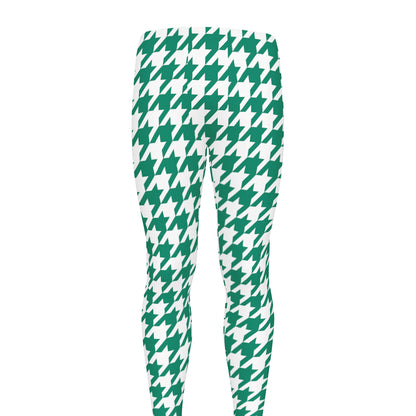 Jungle Green And White Houndstooth Print Men's leggings