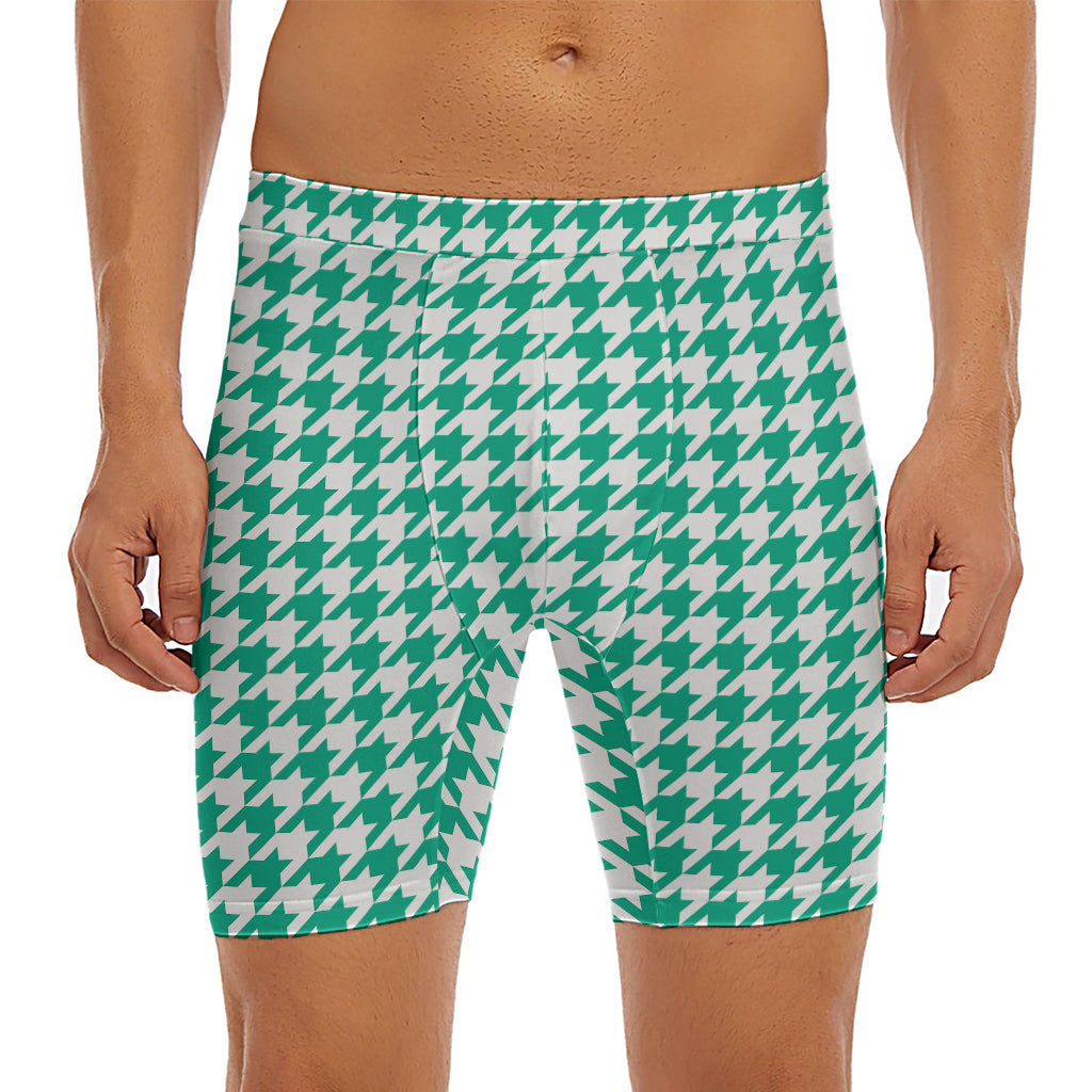 Jungle Green And White Houndstooth Print Men's Long Boxer Briefs