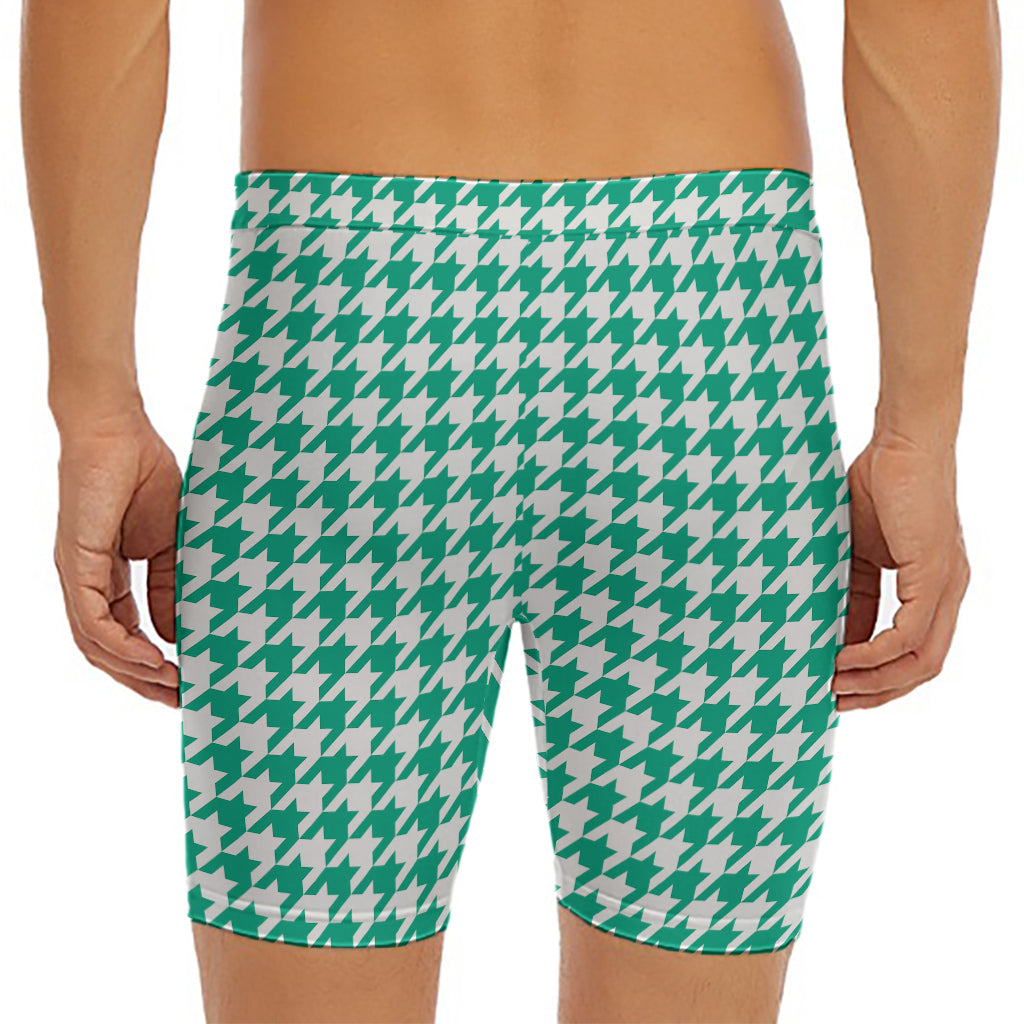 Jungle Green And White Houndstooth Print Men's Long Boxer Briefs