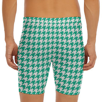 Jungle Green And White Houndstooth Print Men's Long Boxer Briefs