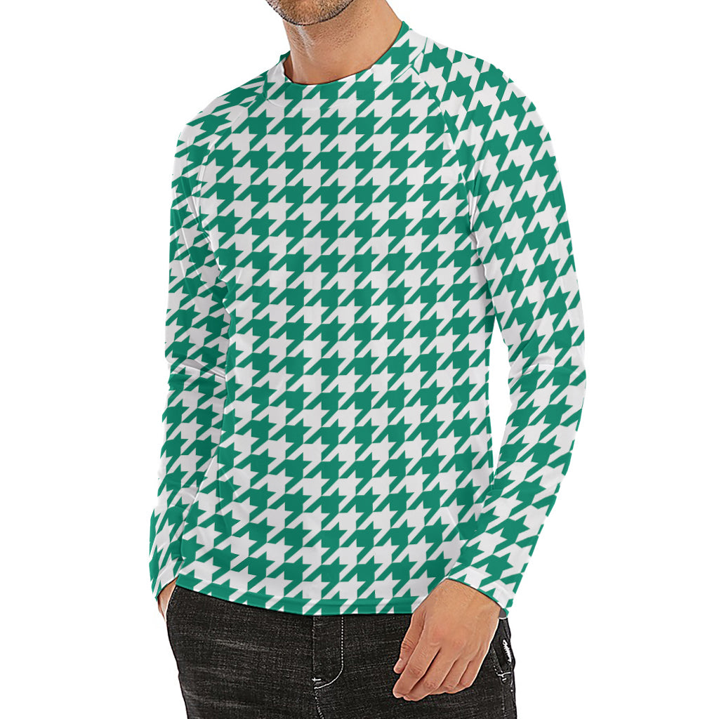 Jungle Green And White Houndstooth Print Men's Long Sleeve Rash Guard