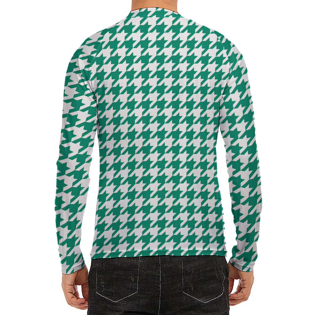 Jungle Green And White Houndstooth Print Men's Long Sleeve Rash Guard