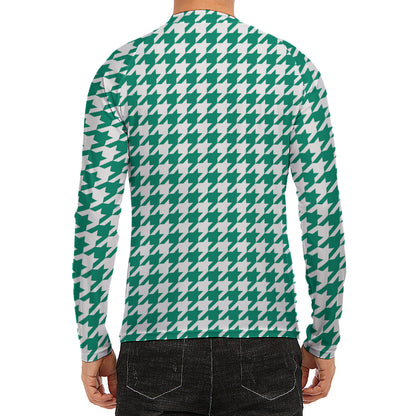 Jungle Green And White Houndstooth Print Men's Long Sleeve Rash Guard