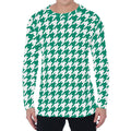 Jungle Green And White Houndstooth Print Men's Long Sleeve T-Shirt