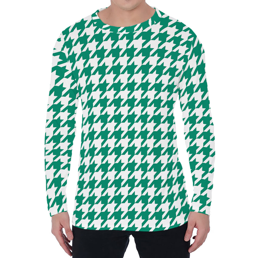 Jungle Green And White Houndstooth Print Men's Long Sleeve T-Shirt