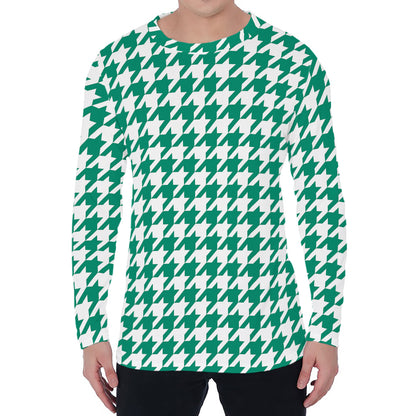 Jungle Green And White Houndstooth Print Men's Long Sleeve T-Shirt