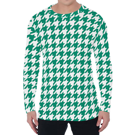 Jungle Green And White Houndstooth Print Men's Long Sleeve T-Shirt