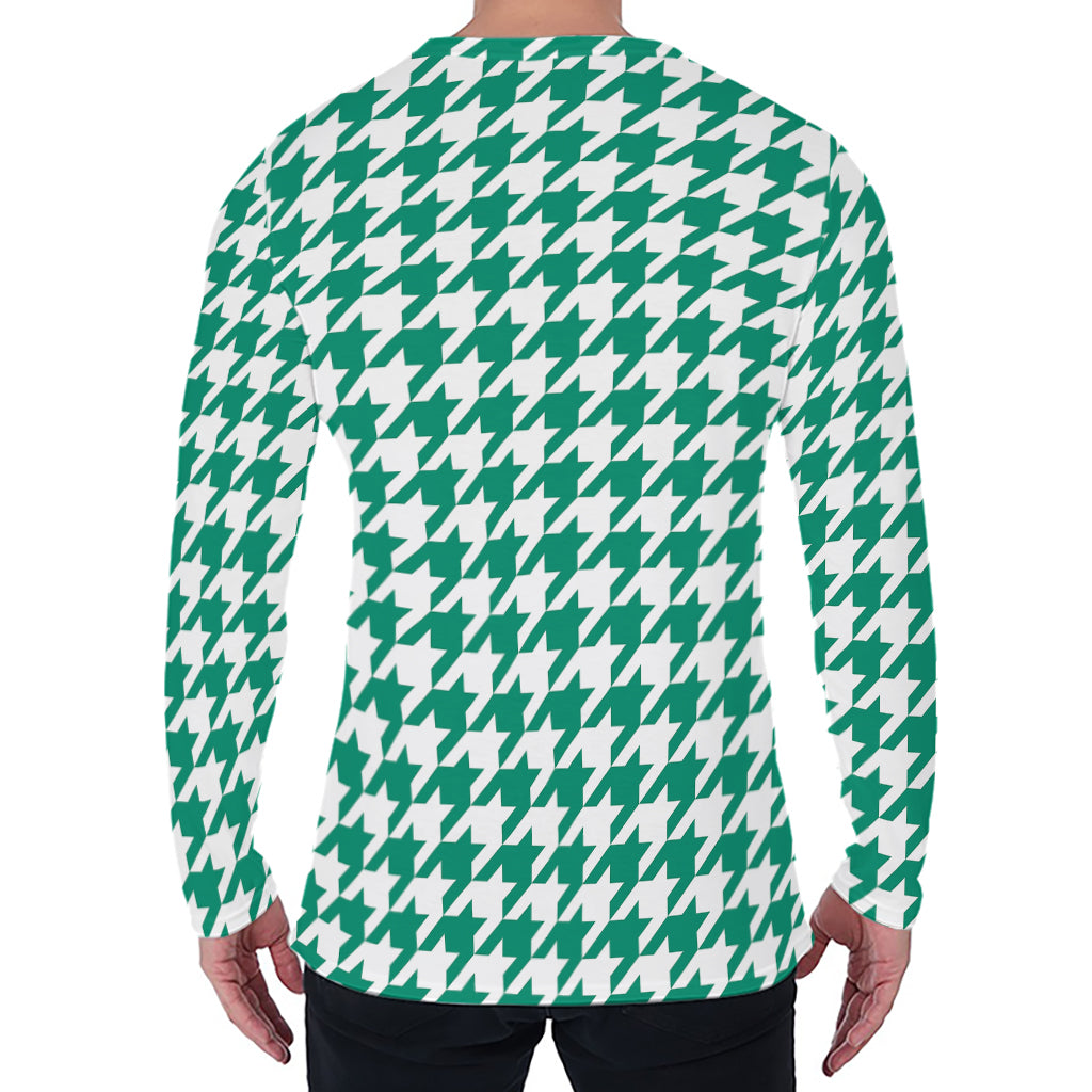 Jungle Green And White Houndstooth Print Men's Long Sleeve T-Shirt
