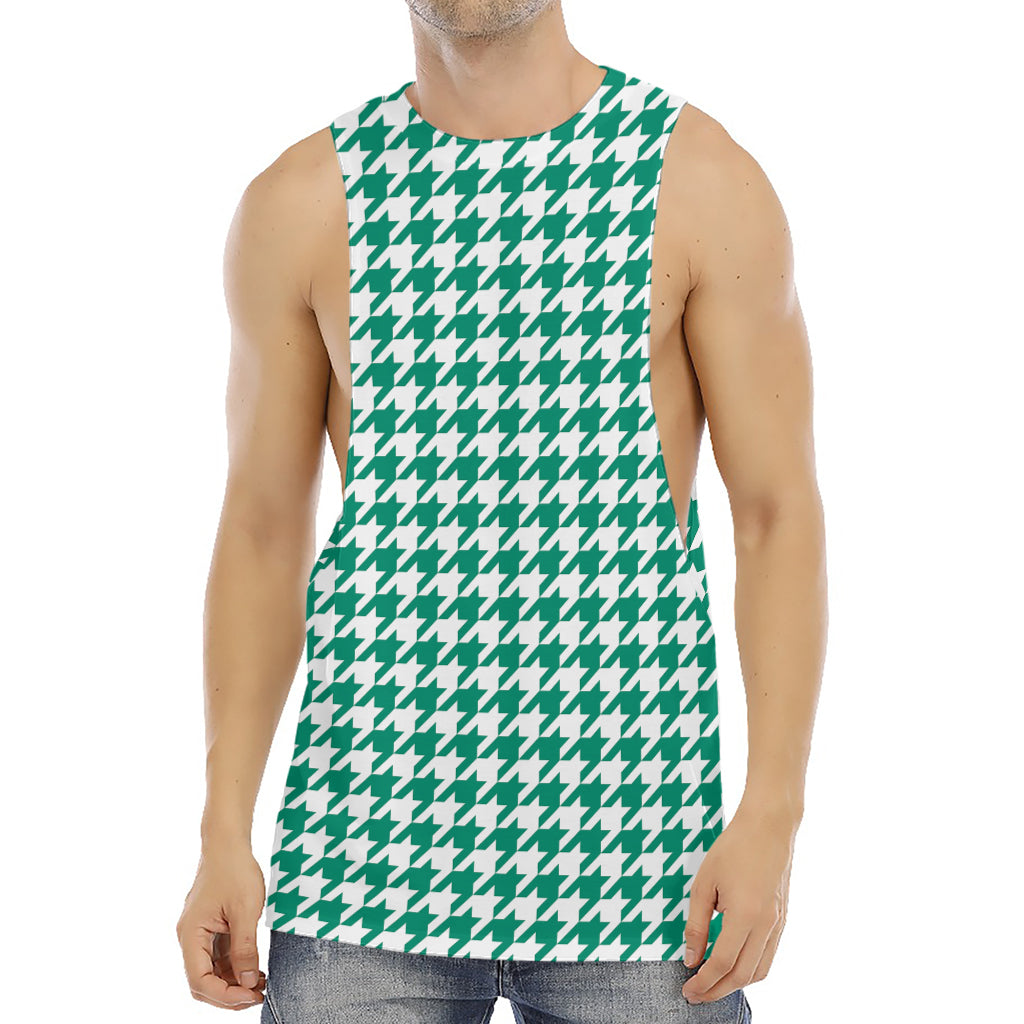 Jungle Green And White Houndstooth Print Men's Muscle Tank Top