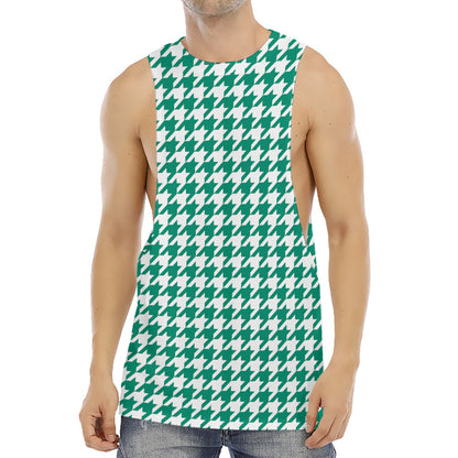 Jungle Green And White Houndstooth Print Men's Muscle Tank Top