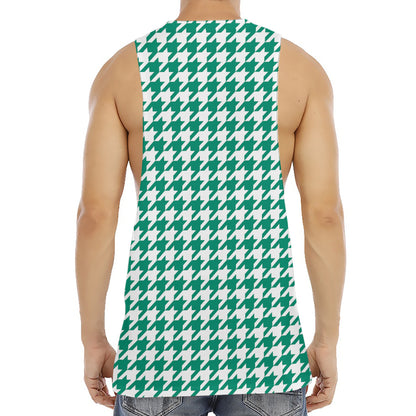 Jungle Green And White Houndstooth Print Men's Muscle Tank Top