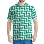 Jungle Green And White Houndstooth Print Men's Polo Shirt