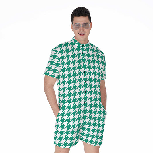 Jungle Green And White Houndstooth Print Men's Rompers