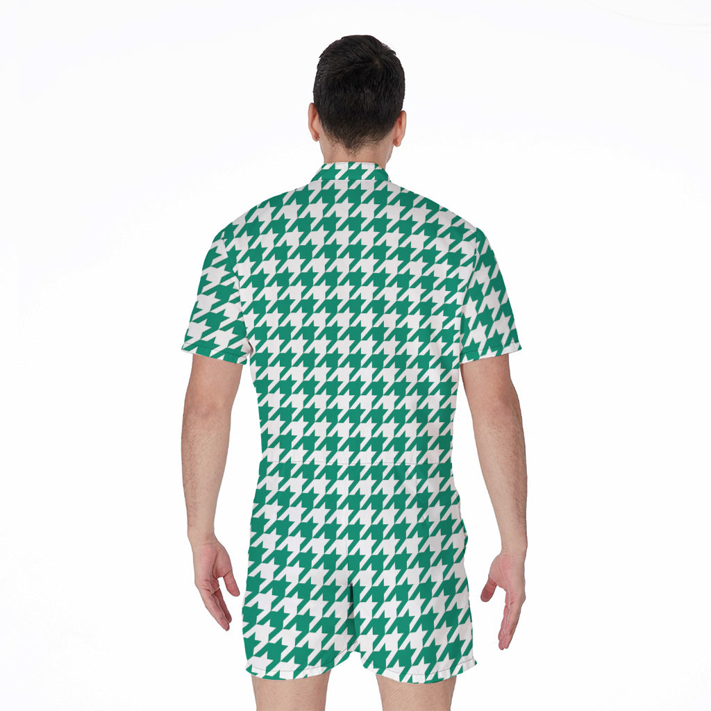 Jungle Green And White Houndstooth Print Men's Rompers