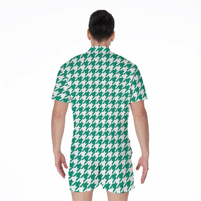 Jungle Green And White Houndstooth Print Men's Rompers