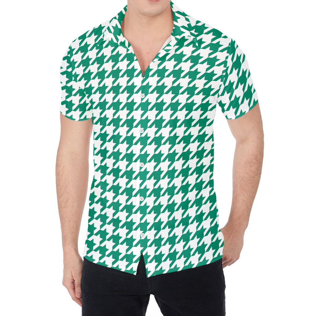 Jungle Green And White Houndstooth Print Men's Shirt