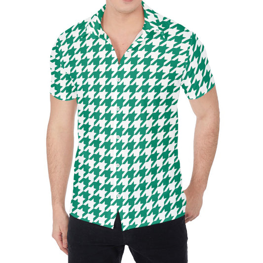 Jungle Green And White Houndstooth Print Men's Shirt