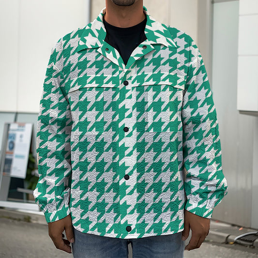 Jungle Green And White Houndstooth Print Men's Shirt Jacket