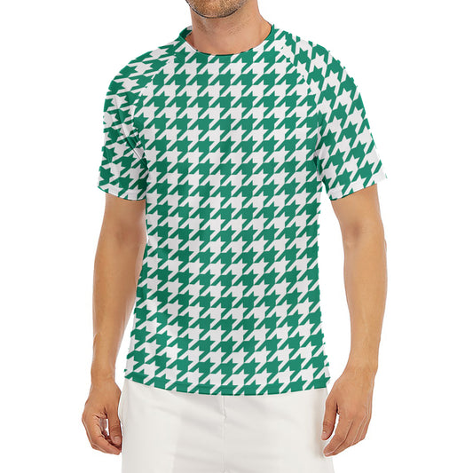 Jungle Green And White Houndstooth Print Men's Short Sleeve Rash Guard