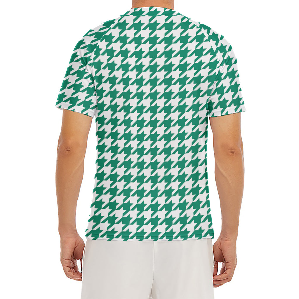 Jungle Green And White Houndstooth Print Men's Short Sleeve Rash Guard