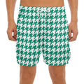 Jungle Green And White Houndstooth Print Men's Split Running Shorts