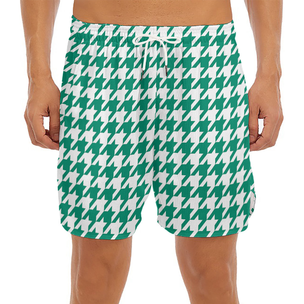 Jungle Green And White Houndstooth Print Men's Split Running Shorts