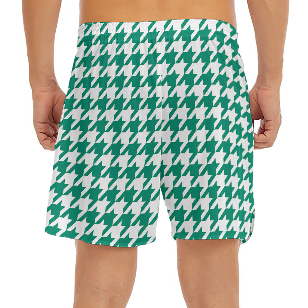 Jungle Green And White Houndstooth Print Men's Split Running Shorts