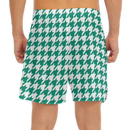 Jungle Green And White Houndstooth Print Men's Split Running Shorts
