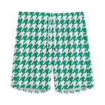 Jungle Green And White Houndstooth Print Men's Sports Shorts