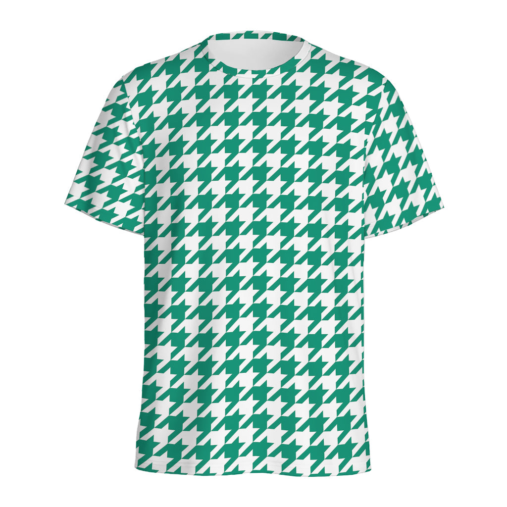 Jungle Green And White Houndstooth Print Men's Sports T-Shirt