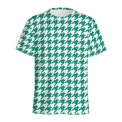 Jungle Green And White Houndstooth Print Men's Sports T-Shirt