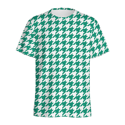 Jungle Green And White Houndstooth Print Men's Sports T-Shirt