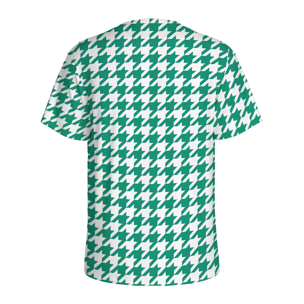 Jungle Green And White Houndstooth Print Men's Sports T-Shirt