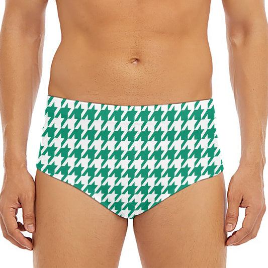 Jungle Green And White Houndstooth Print Men's Triangle Swim Briefs