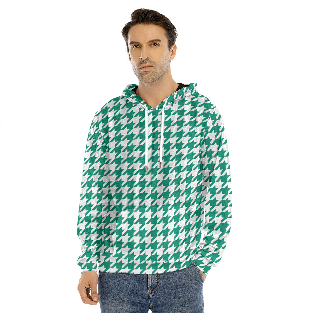 Jungle Green And White Houndstooth Print Men's Velvet Pullover Hoodie
