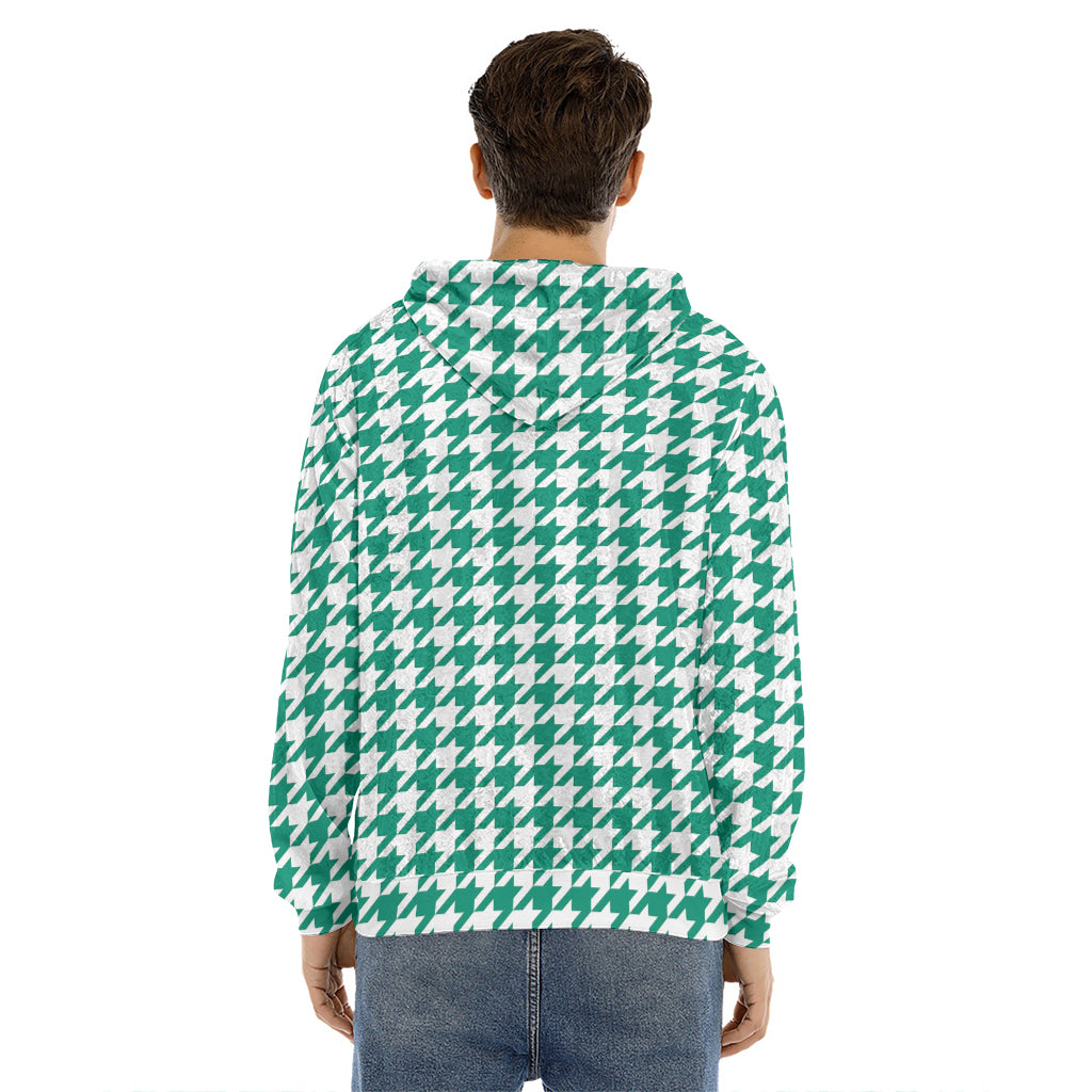 Jungle Green And White Houndstooth Print Men's Velvet Pullover Hoodie