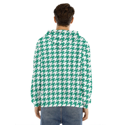 Jungle Green And White Houndstooth Print Men's Velvet Pullover Hoodie