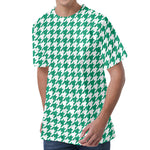 Jungle Green And White Houndstooth Print Men's Velvet T-Shirt