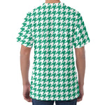 Jungle Green And White Houndstooth Print Men's Velvet T-Shirt