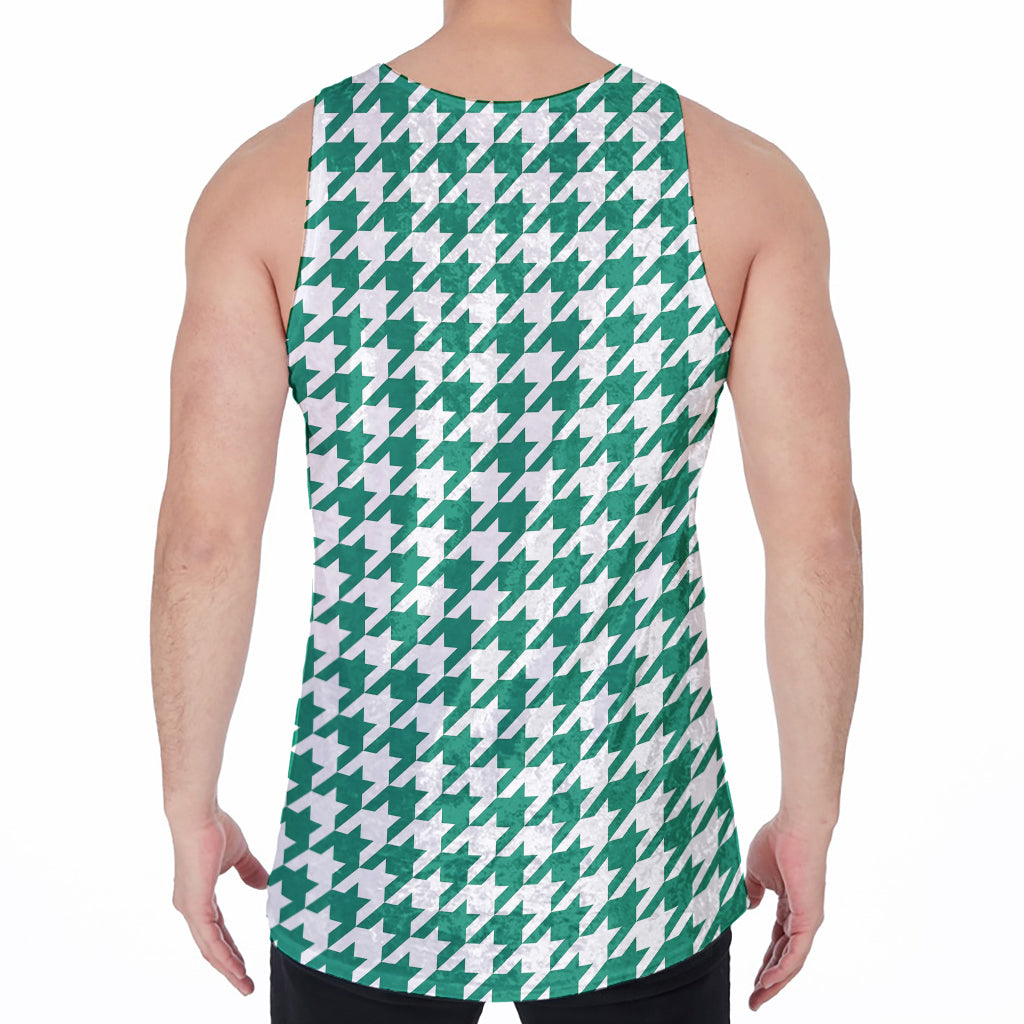 Jungle Green And White Houndstooth Print Men's Velvet Tank Top