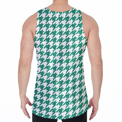 Jungle Green And White Houndstooth Print Men's Velvet Tank Top