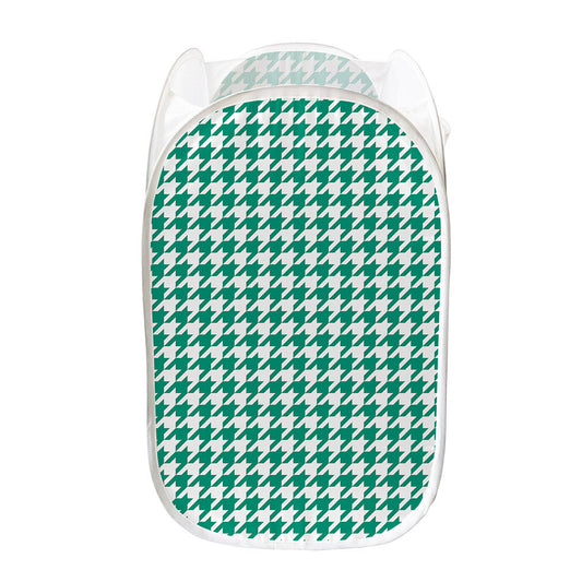 Jungle Green And White Houndstooth Print Mesh Laundry Hamper